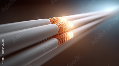 Copper wire cable close up with glowing tips, detailed electrical wiring strands in white insulation, modern technology concept