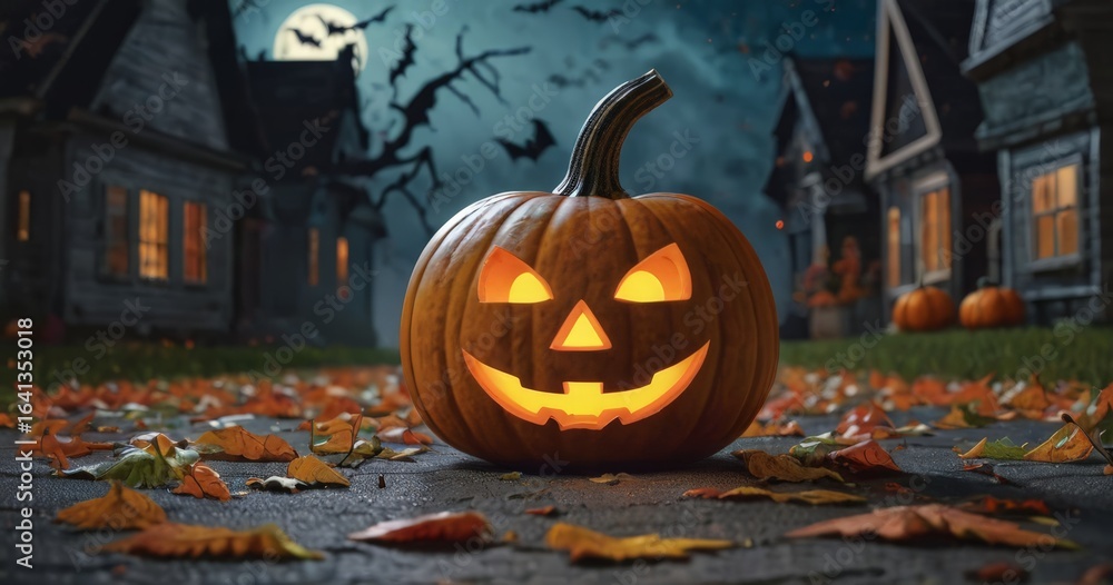 Obraz premium Spooky Halloween Pumpkin with Grinning Face Among Autumn Leaves