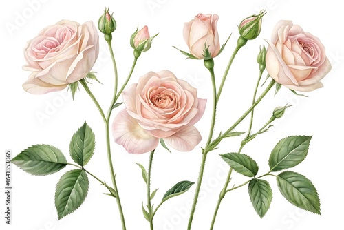 Delicate watercolor painting of pale pink english roses with green leaves and buds on a white background