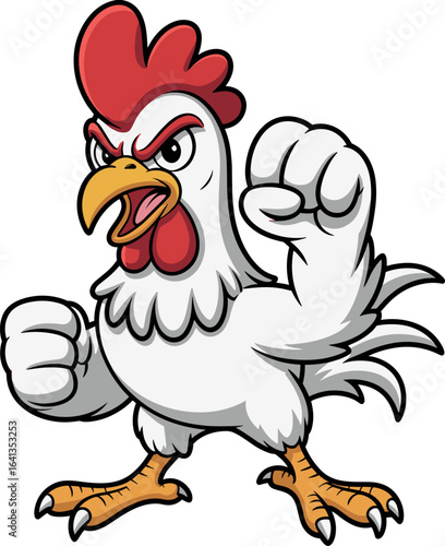 Cartoon fighting rooster with fists raised, aggressive farm bird in combat stance, anthropomorphic animal character, humorous illustration concept