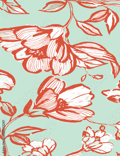 Big flowers pattern, upscale floral pattern. graphical textures floral, trendy colors pattern , flowers background with leaves. vector illustration.