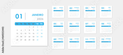 Blue portuguese calendar for 2026. Large month of January on left, thumbnails of all months on right, Monday week start