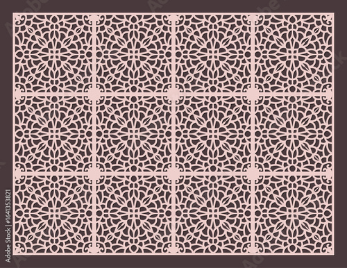 Seamless decorative pattern for laser cutting or cnc routing with intricate geometric floral motif in square tile vector