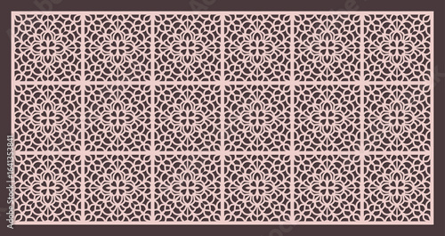 Decorative laser cut pattern panel template for screen or fence with intricate geometric arabesque floral motif vector