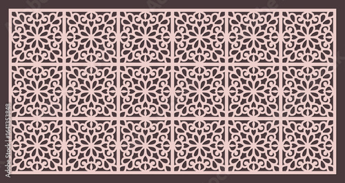 Seamless pattern for laser cutting or cnc routing featuring intricate floral arabesque design in a rectangular panel format vector
