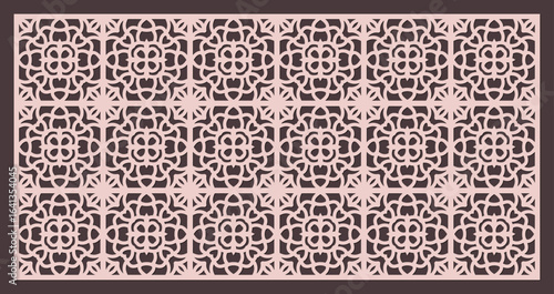 Seamless pattern for laser cutting or cnc routing featuring intricate geometric floral motif in rectangular format vector