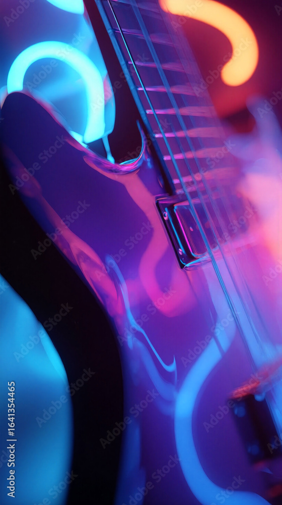 Obraz premium Electric guitar with neon pink and blue light reflections. Modern musical instrument in a dark club setting for a concert background