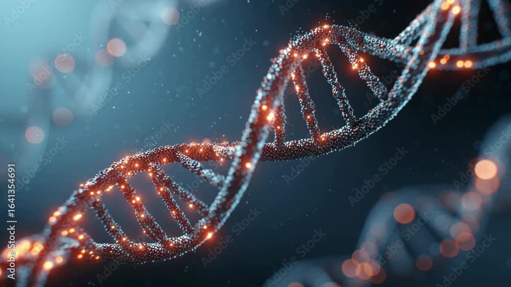 DNA helix with luminous molecular structure, 3D science render