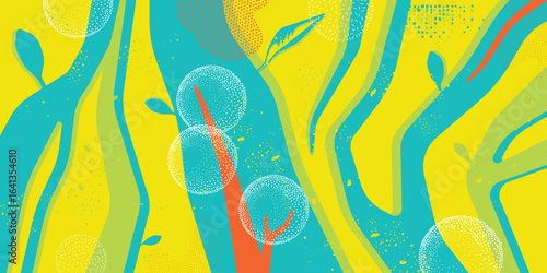 An abstract composition in vibrant shades of yellow, turquoise and orange with flowing lines, dotted patterns and stylized leaves.
