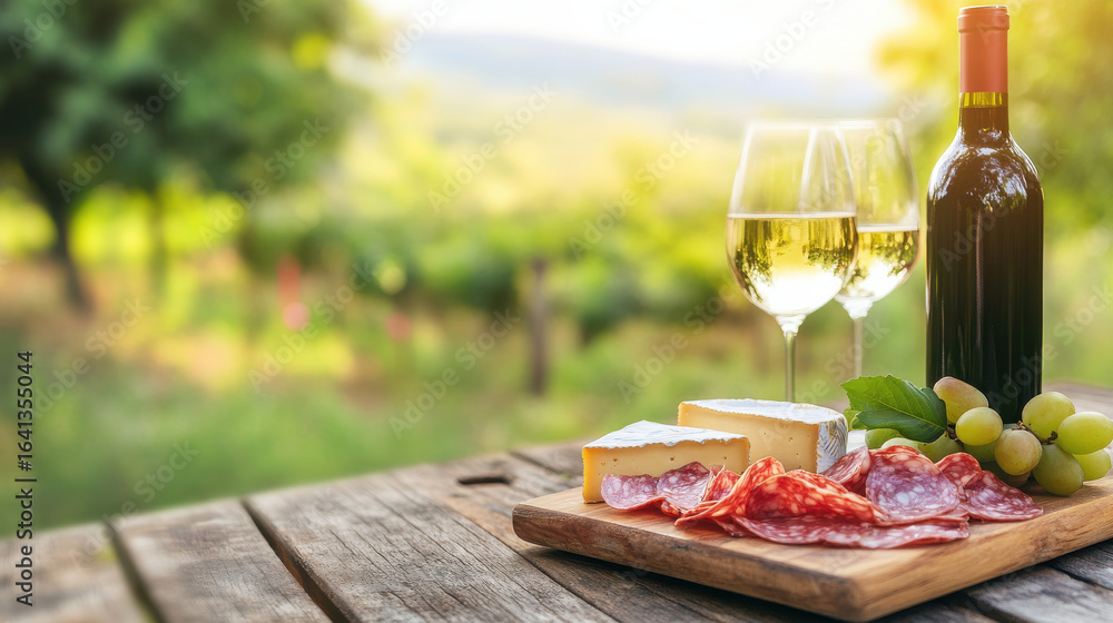 Wooden board with sliced salami, cheese, grapes, and bottle of wine with two glasses on rustic table in sunny vineyard setting Wooden board with sliced salami, cheese, grapes, and bottle of wine with two glasses on rustic table in sunny vineyard setting
