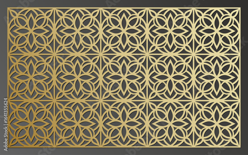 Golden geometric floral pattern laser cut screen panel with intricate repeating motifs and ornamental design vector