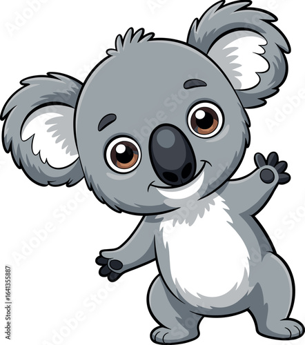 Cartoon gray koala with white belly and ears, standing upright, one arm raised, friendly animal character for kids, isolated illustration