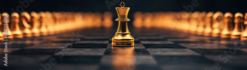 Golden chess king piece standing on chessboard with blurred pawns in background, symbolizing strategy and leadership in dramatic setting