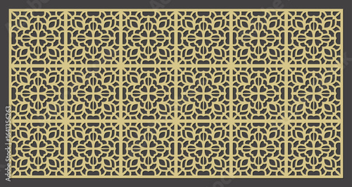 Golden ornamental laser cut screen with intricate floral pattern, decorative panel for interior design vector