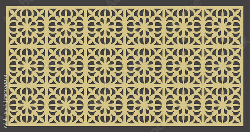 Geometric pattern laser cut panel with repeating floral motif and intricate lattice work design vector