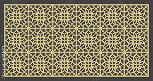 Geometric pattern laser cut screen with intricate floral motifs and repeating symmetrical design elements vector