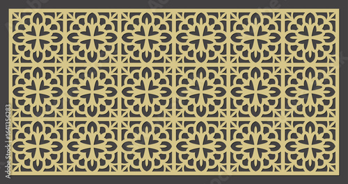 Geometric floral pattern laser cut screen panel with intricate repeating quatrefoil motifs vector