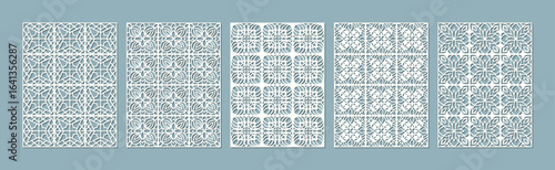 Collection of five decorative ceramic tiles with intricate blue and white patterns vector