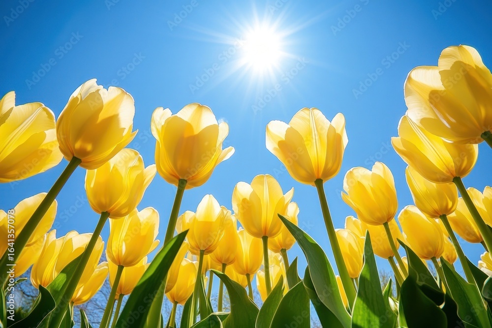 Fototapeta premium Yellow tulips sky outdoors sunlight.