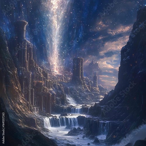 Celestial Cascade VIII Torrents of starlight cascading over an alien landscape of surreal ruins epic and radiant