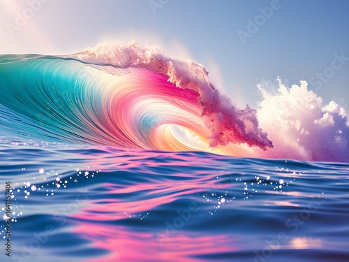 Ultra-HD Colorful Wave Crashing on Serene Beach with Vibrant Turquoise, Pink, Purple, Orange, and Gold – Dreamy Seaside Scene (AI Generated)