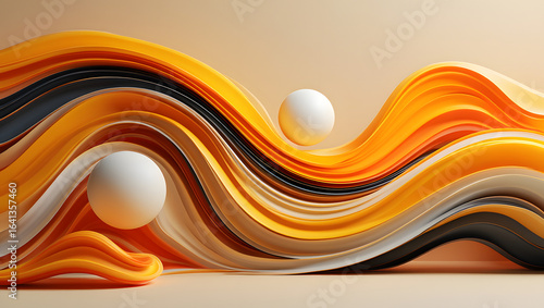 Abstract Waves with spheres : A captivating artistic abstract showcases a dynamic interplay of curved orange and white waves complemented by spherical.