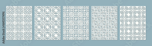 A collection of five vertical panels, each featuring a unique intricate geometric pattern in white vector