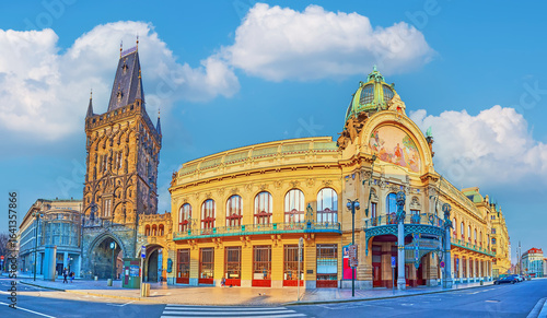 Panorama with Gothic Powder Tower and Baroque Municipal House, Prague, Czech Republic