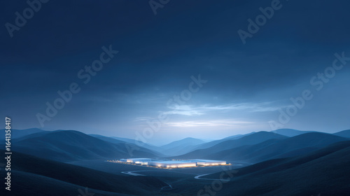 Hyperscale data center glowing softly in remote valley surrounded by rolling blue mountains under moody sky at dusk