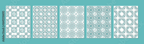 Five panels of intricate white geometric patterns on a teal background vector