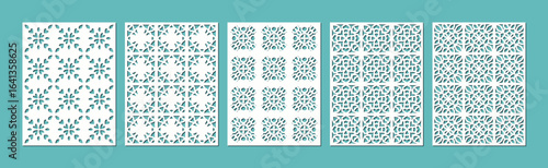 Collection of five decorative ornamental patterns with a light blue background vector