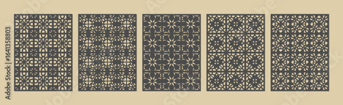 Collection of five intricate geometric patterns in dark brown on a light brown background vector