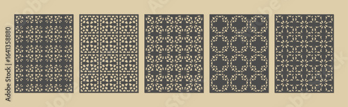 Collection of five decorative panels with intricate geometric patterns in a repeating motif vector