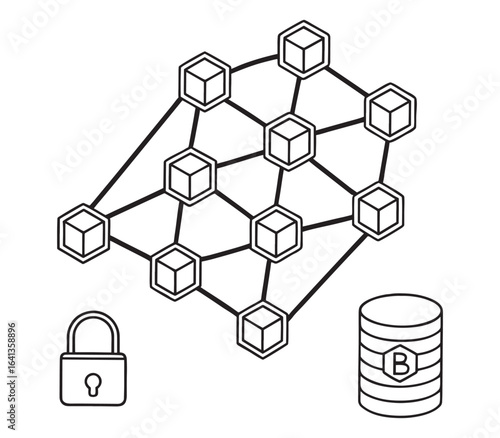 Blockchain network security with distributed ledger technology and cryptographic protection for secure data management and decentralized transactions concept in outline style