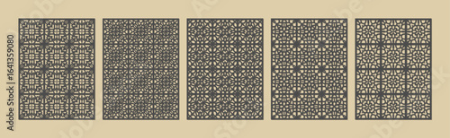 Collection of five intricate geometric patterns in a dark, ornate style on a beige background vector