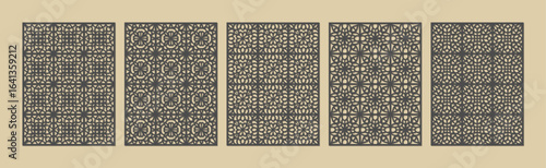 A collection of five intricate geometric patterns in dark brown on a beige background vector