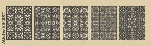 Five panels showcasing intricate geometric patterns with a vintage, distressed aesthetic vector
