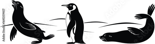 Antarctic wildlife vector illustration, penguin and seals on ice, arctic animal silhouettes, marine life scene, cold climate nature drawing