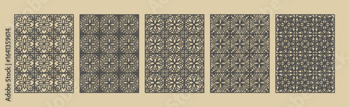 A collection of five vintagestyle patterned panels with intricate geometric designs in sepia tones vector