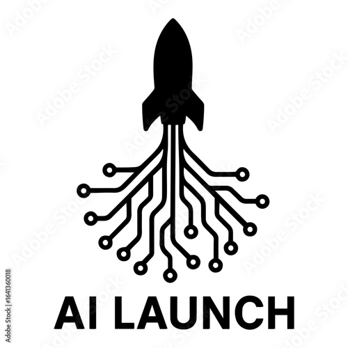 Silhouette Vector AI Icon Illustration of a rocket launching from a circuit board with ai launch text