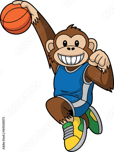 Cartoon monkey slam dunk, playful animal character, blue basketball jersey, colorful sneakers, mid-air pose, big smile, energetic action scene