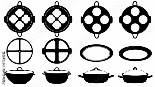 Collection of black and white cooking pots and lids with varying designs and shapes in a grid pattern silhouette