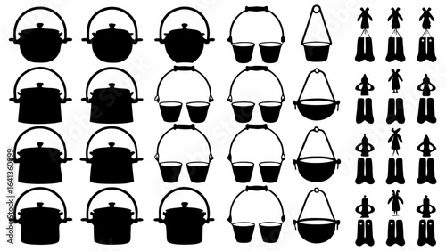 Collection of different silhouette designs of cooking pots and buckets arranged in a grid pattern shape