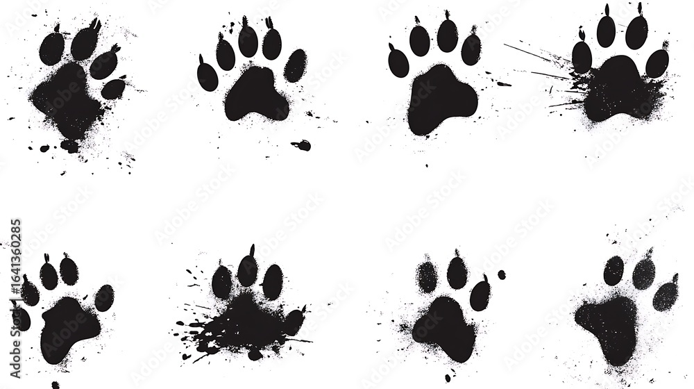 Grunge textured animal paw prints set on a white backdrop artistic design Grunge textured animal paw prints set on a white backdrop artistic design