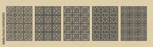 Five panels of intricate geometric patterns in dark brown on a beige background vector