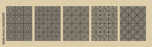 A collection of five intricately patterned panels with a vintage, ornamental design in sepia tones vector