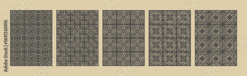 Five panels showcasing intricate geometric patterns in a dark, detailed design on a neutral background vector