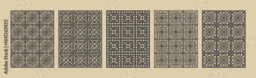 Collection of five intricate ornamental patterns in a sepia tone, showcasing diverse geometric designs vector