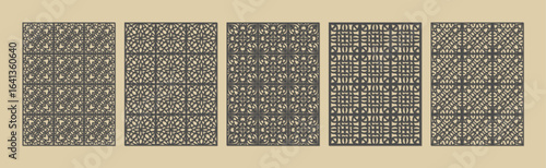 Five abstract geometric patterns with intricate line work and a vintage aesthetic vector