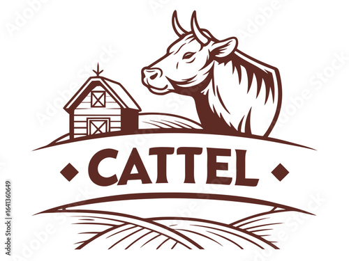 Farm Fresh Logo of Catttel Company. A stylized, vintage-inspired logo for Cattel featuring a profile of a cow in a circle, with a ribbon banner displaying the company name and with a field backgroun